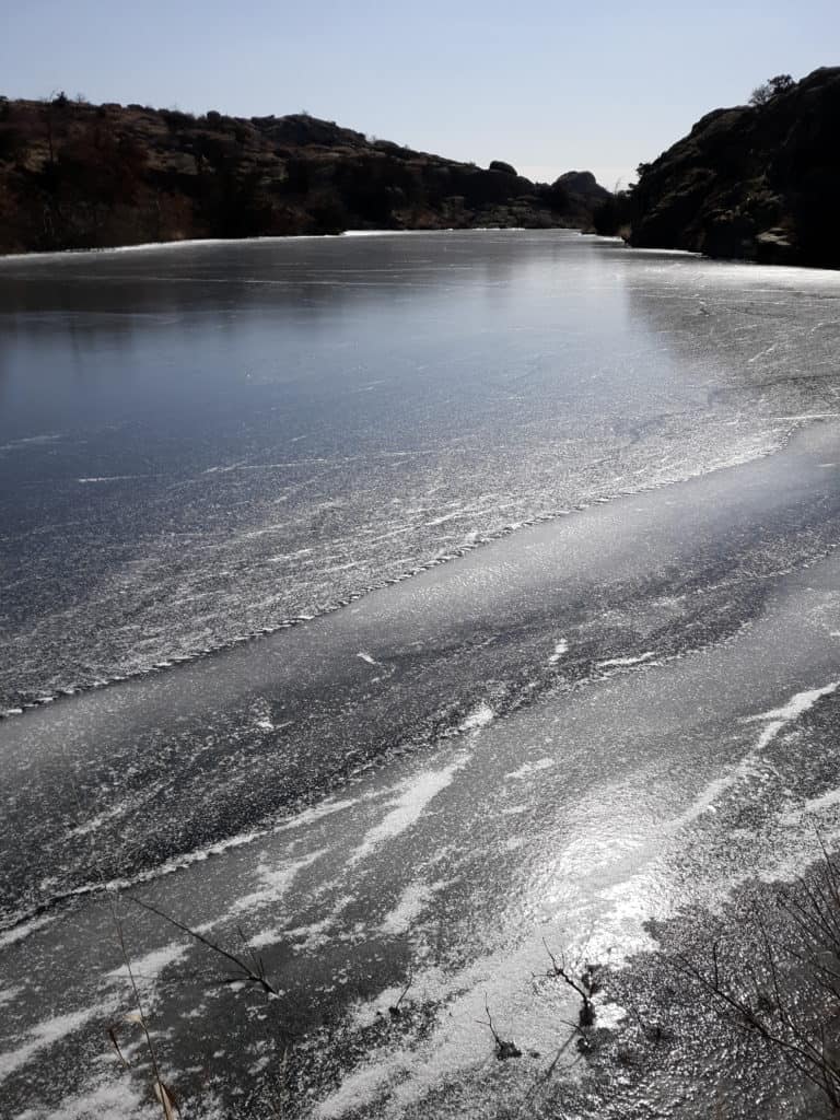 Frozen lakes in winter in the Wichita Mountains in Oklahoma