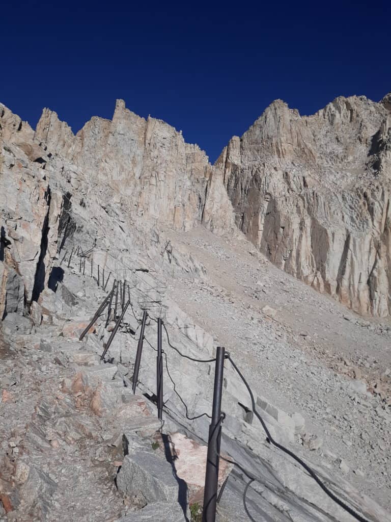 A section of cable guiding up the 97 switchbacks while hiking Mt. Whitney
