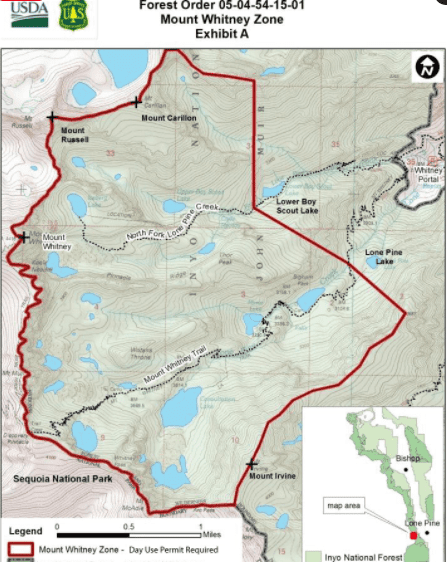 The zone where permits for Mount Whitney are necessary