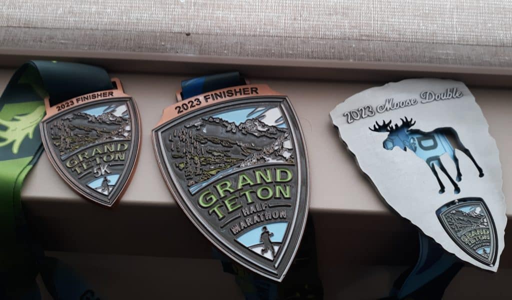 The Grand Teton Half Marathon and 5k medals